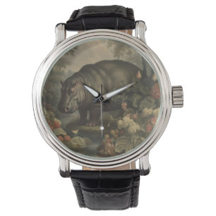 Vintage botanical painting of a hippo and flowers watch