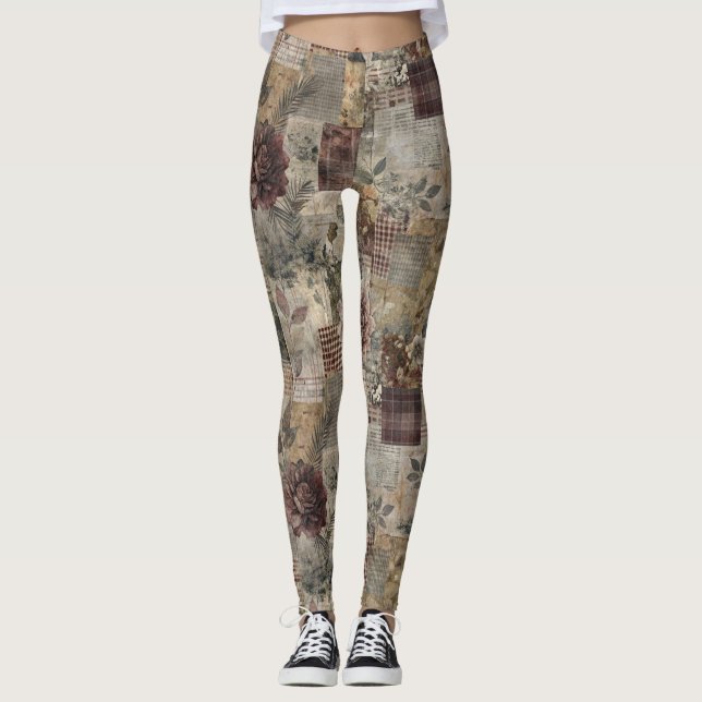 Vintage Botanical Patchwork Rustic (1) Leggings (Front)