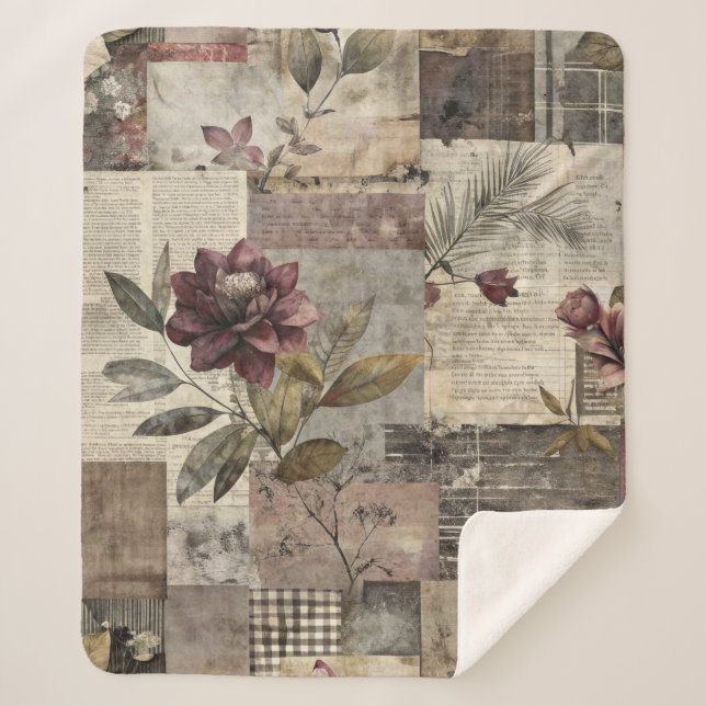 Vintage Botanical Patchwork Rustic (1) Sherpa Blanket (Front)