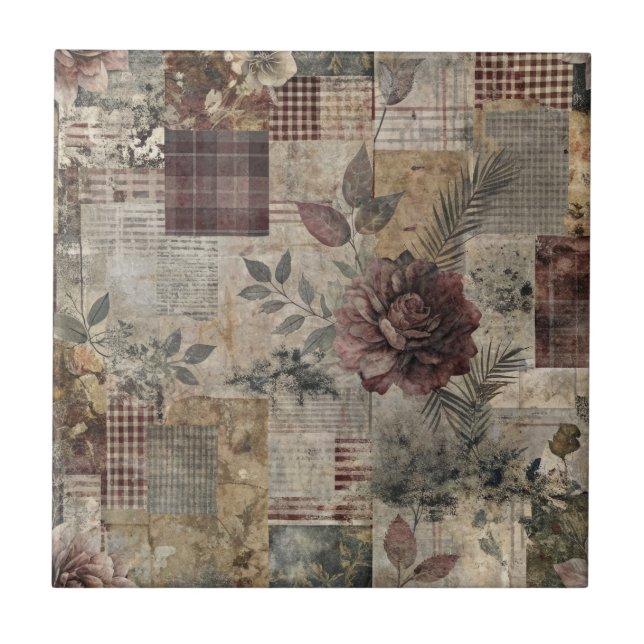 Vintage Botanical Patchwork Rustic (2) Ceramic Tile (Front)