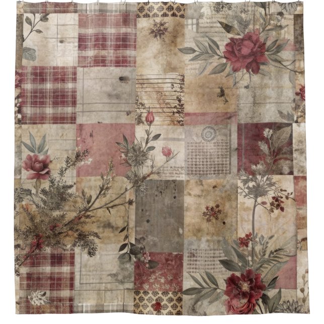 Vintage Botanical Patchwork Rustic Shower Curtain (Front)