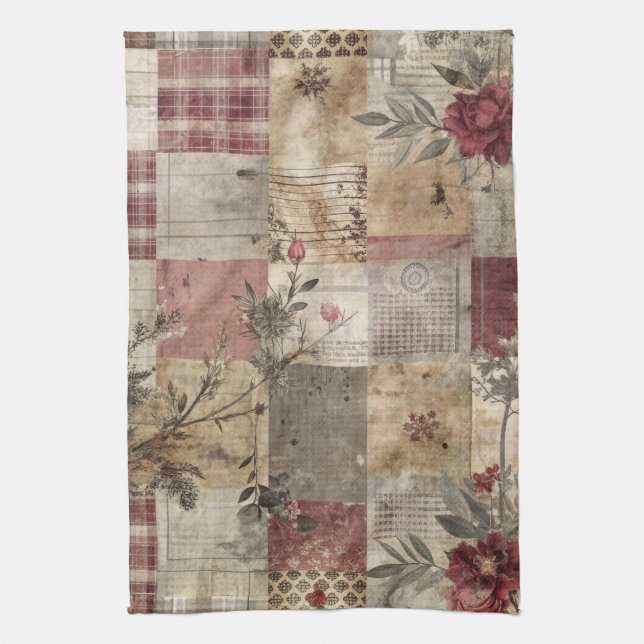Vintage Botanical Patchwork Rustic Tea Towel (Vertical)
