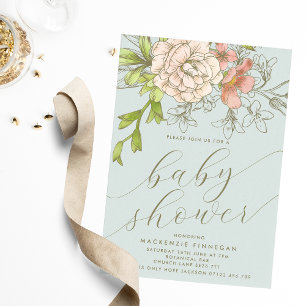 Vintage Botanical Peach & Blue Floral Baby Shower Invitation