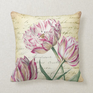 Vintage Botanical Pink and White Tulips Cushion