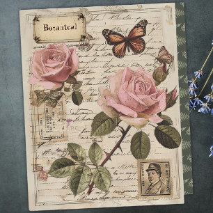 Vintage Botanical Pink Roses & Butterfly Ephemera