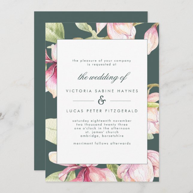 Vintage Botanical Pink & Sage Green Wedding Invite (Front/Back)