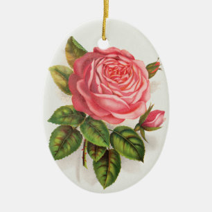 Vintage botanical print La Reine pink rose Ceramic Ornament