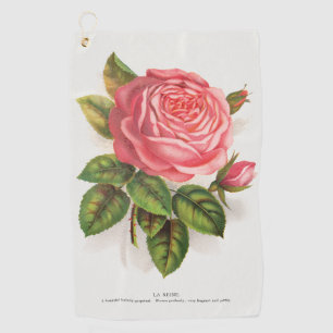 Vintage botanical print La Reine pink rose Golf Towel