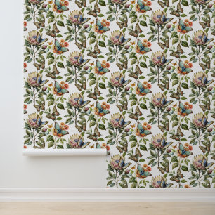 Vintage botanical protea with butterfly wallpaper