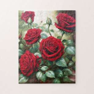 Vintage botanical Red Roses Jigsaw Puzzle