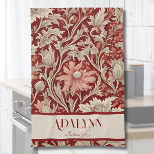 Vintage Botanical Retirement Gifts for Mum Red Tea Towel
