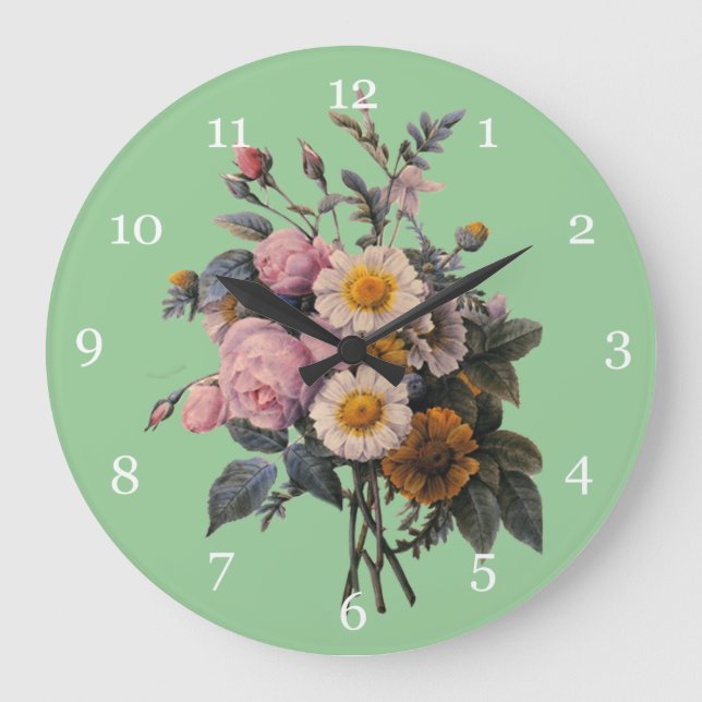 vintage botanical rose and daisy flowers large clock (Front)