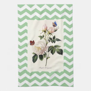 Vintage botanical rose and trendy chevron stripes tea towel