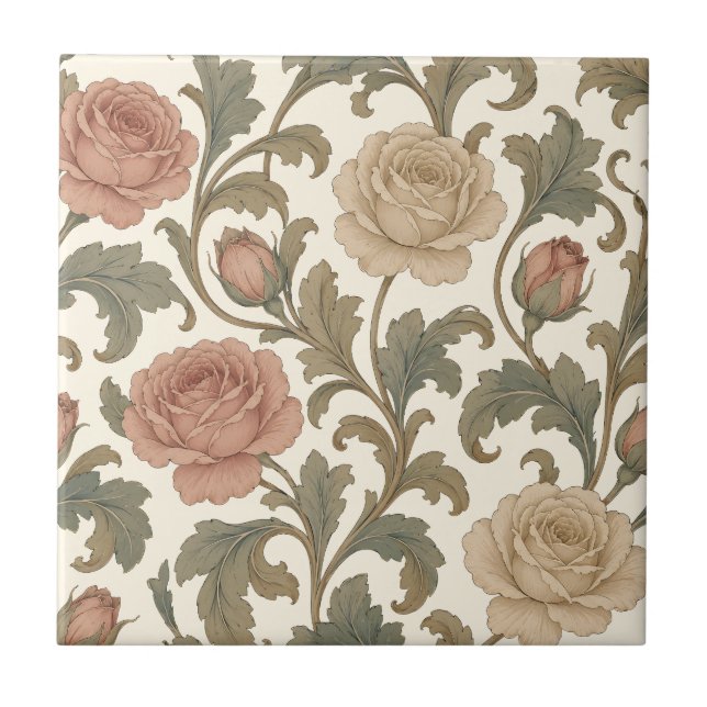 Vintage Botanical Rose Ceramic Tile (Front)