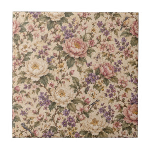 Vintage Botanical Rose Garden & Butterfly Pattern Ceramic Tile
