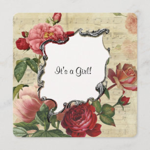 Vintage Botanical Rose Girl Baby Shower Invitation