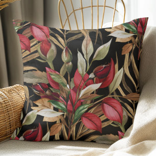 Vintage Botanical Roses And Palm Leaves Black Cushion