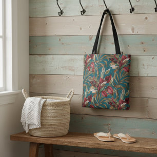 Vintage Botanical Roses And Palm Leaves Teal Tote Bag