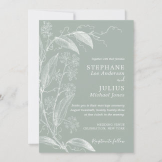 Vintage Botanical Sage Green Wedding Invitation