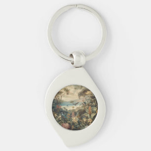 Vintage botanical scene birds flowers in paradise key ring