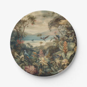 Vintage botanical scene birds flowers in paradise paper plate