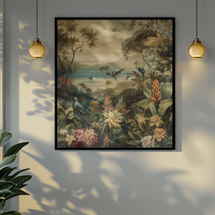 Vintage botanical scene birds flowers in paradise poster