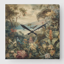 Vintage botanical scene birds flowers in paradise