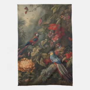 Vintage botanical scene birds flowers in paradise tea towel