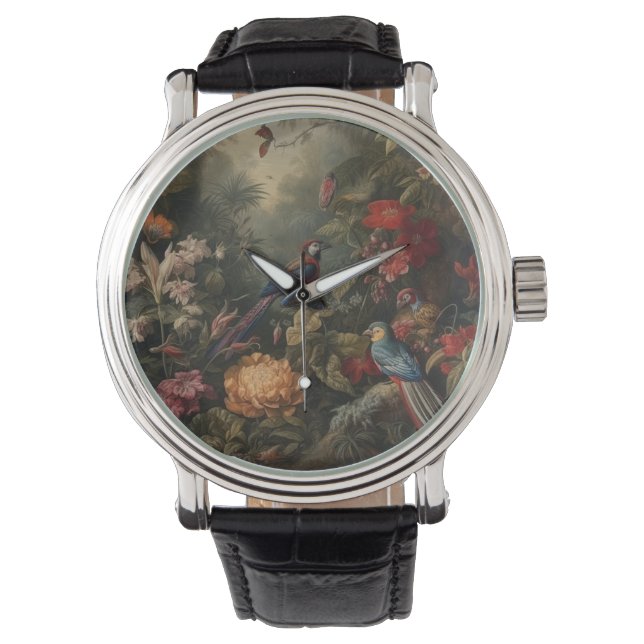 Vintage botanical scene birds flowers in paradise watch (Front)