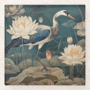 Vintage botanical scene blue crane and lotus glass coaster