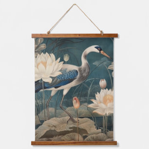 Vintage botanical scene blue crane and lotus hanging tapestry