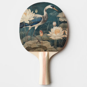 Vintage botanical scene blue crane and lotus ping pong paddle