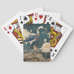 Vintage botanical scene blue crane and lotus playing cards