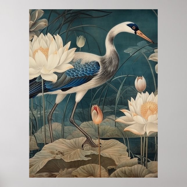 Vintage botanical scene blue crane and lotus poster (Front)