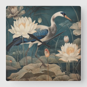 Vintage botanical scene blue crane and lotus square wall clock