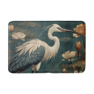 Vintage botanical scene blue crane and lotus too bath mat