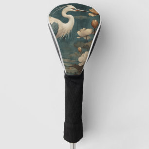 Vintage botanical scene blue crane and lotus too golf head cover