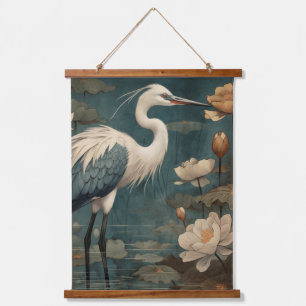 Vintage botanical scene blue crane and lotus too hanging tapestry