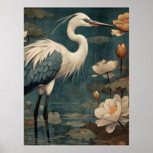 Vintage botanical scene blue crane and lotus too poster