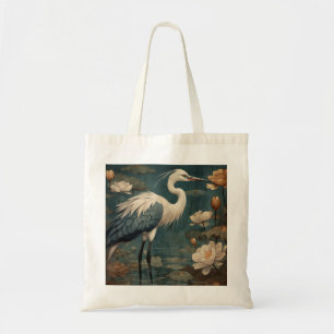 Vintage botanical scene blue crane and lotus too tote bag