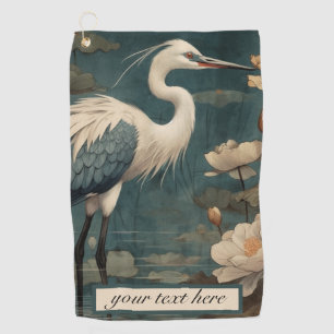 Vintage botanical scene blue crane customisable golf towel