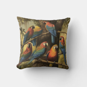 Vintage botanical scene colourful parrots in a tre cushion