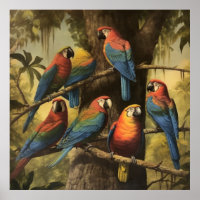 Vintage botanical scene colourful parrots in a tre