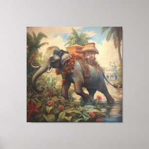 Vintage botanical scene elephant with howdah   canvas print