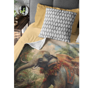 Vintage botanical scene elephant with howdah fleece blanket