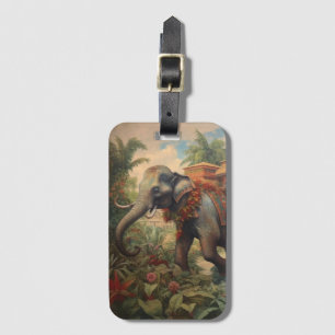 Vintage botanical scene elephant with howdah   luggage tag