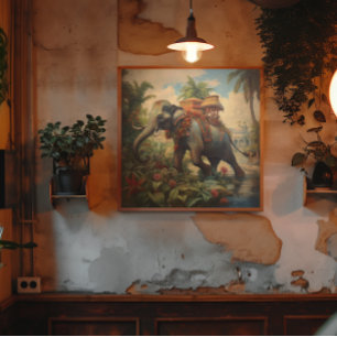 Vintage botanical scene elephant with howdah   poster