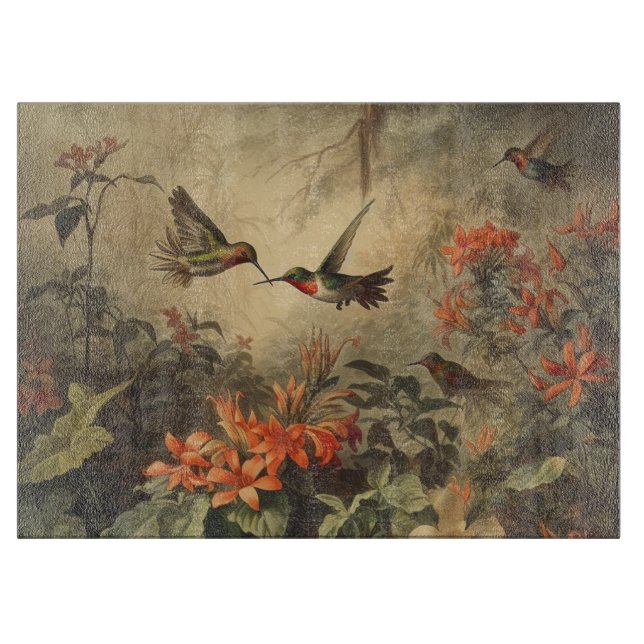 Vintage botanical scene hummingbirds and flowers cutting board (Front)