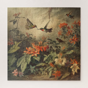 Vintage botanical scene hummingbirds and flowers jigsaw puzzle