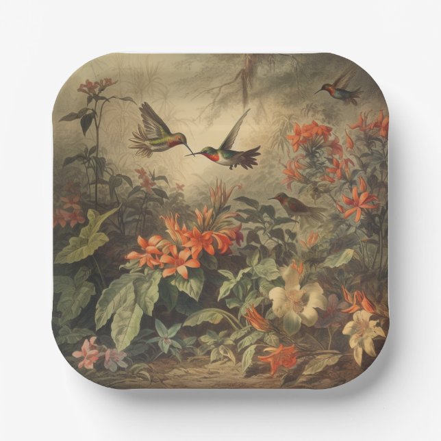 Vintage botanical scene: hummingbirds and flowers paper plate (Front)